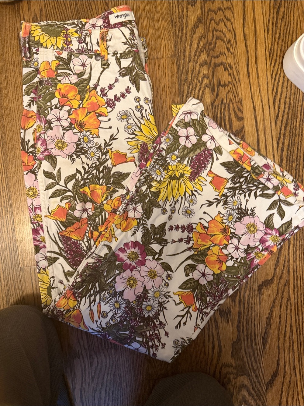 Wrangler White Floral Wide-Leg Jeans with Yellow & Pink Blooms